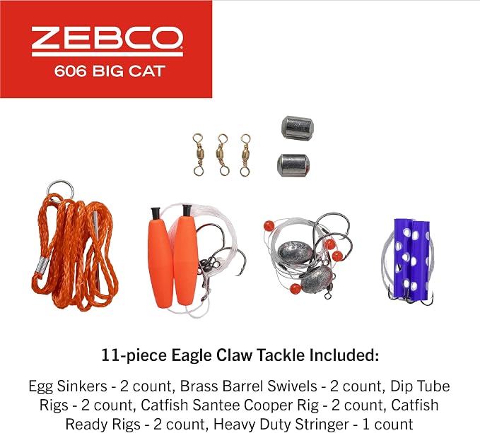 Zebco 606 Big Cat Spincast Reel and Fishing Rod Combo, 7-Foot 2-Piece Telescopic Rod, Medium-Heavy Power, Size 60 Reel, 11-Piece Eagle Claw Tackle Kit