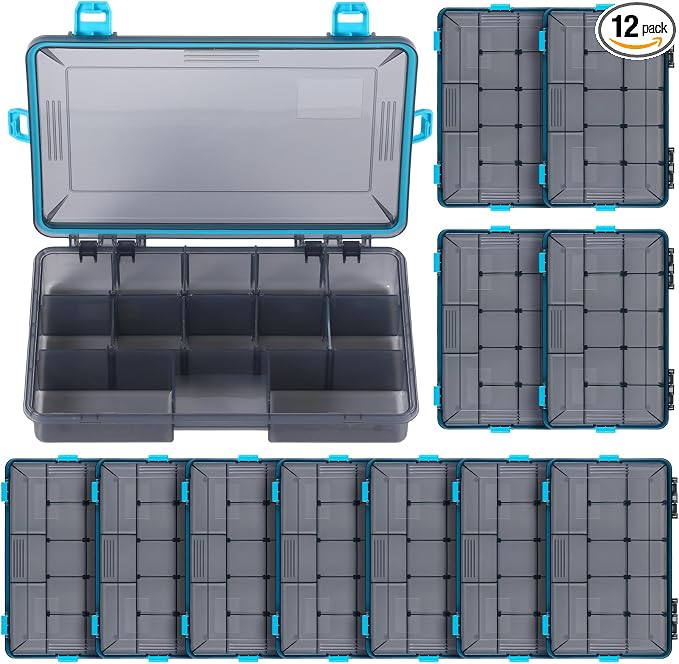 Wonderjune 12 Pack Fishing Tackle Boxes Waterproof 3600 and 3700 Tackle Trays with Removable Dividers Plastic Storage Organizer Bait Vault Camouflage Box for Freshwater Saltwater (Blue,3600)