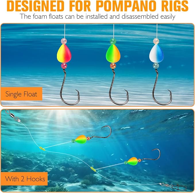 Dovesun 220/104/80/60/54/52/42pcs Pompano Rig Floats for Surf Fishing Foam Bobbers for Fishing Fly Fishing Bobbers Floats Bright Color Kit/Round/Cylindrical/Heart/Bullet/Pill/Spin Shape