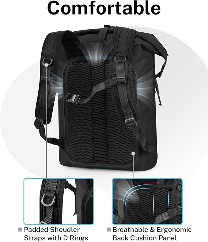 Gonex Ultralight Waterproof TPU Backpack, 35L Roll Top Dry Bag with Comfortable Padded Back Panel for Kayaking Boating Camping Fishing Travel,Black