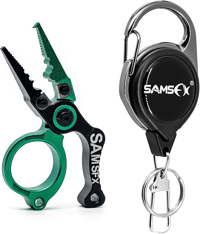 SAMSFX Mini Fishing Pliers with Fly Fishing Zinger Retractor, Fish Hook Remover Tool, Split Ring Pliers for Saltwater & Freshwater, Tungsten Carbide Cutters, Fishing Gear Gift for Anglers