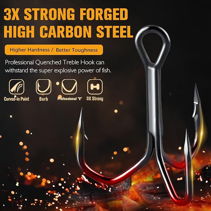 Dovesun Fishing Treble Hooks, Triple Hooks 3X Strong Professional V, 50PCS High Carbon Steel Replacement Fishing Hooks for Saltwater and Freshwater, Sizes #10#8#6#4#2