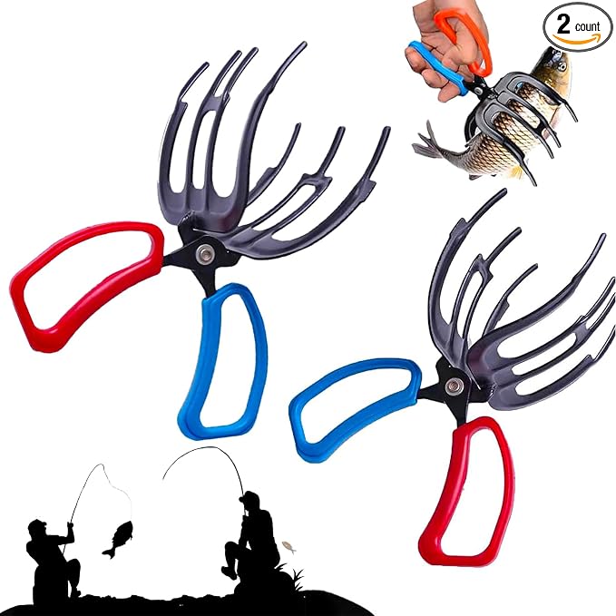 2 Packs 2/3 Claw Fish Gripper, Metal Fishing Pliers Gripper Catch Fish Control Clamp, Three Teeth Fishing Pliers Control Forceps Fishing Accessories for Most Freshwater Fish Grip Tackle Holder
