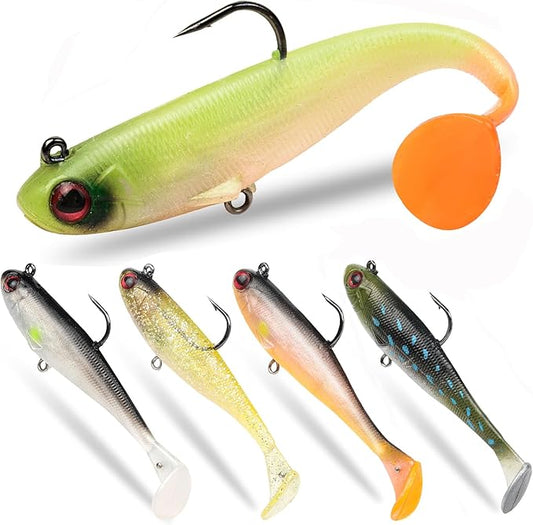 5 Pcs Pre-Rigged Soft Fishing Lures, 3.5In Paddle Tail Jig Heads Swim Bait, Realistic Movement Easy Catch Fishing jigs Lure, Fishing Baits for Freshwater Saltwater Bass Trout Baits