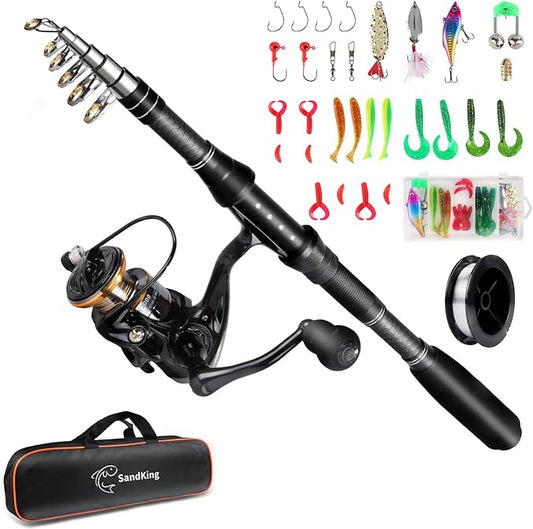 Fishing Pole Kit, Carbon Fiber Telescopic Fishing Rod and Reel Combo with Spinning Reel, Line, Bionic Bait, Hooks and Carrier Bag for Adult Teens Beginners