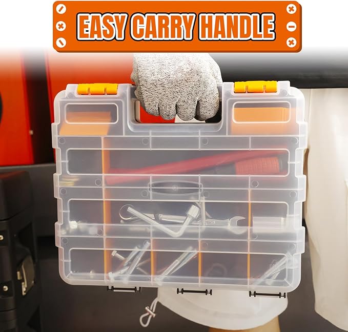 Tool Box with Transparent Lid, Double Side 34-Compartments Organizer Box with Removable Dividers for Hardware, Screws, Bolts, Nails, Beads, Jewelry and Fishing Accessories, Orange, 2 Packs