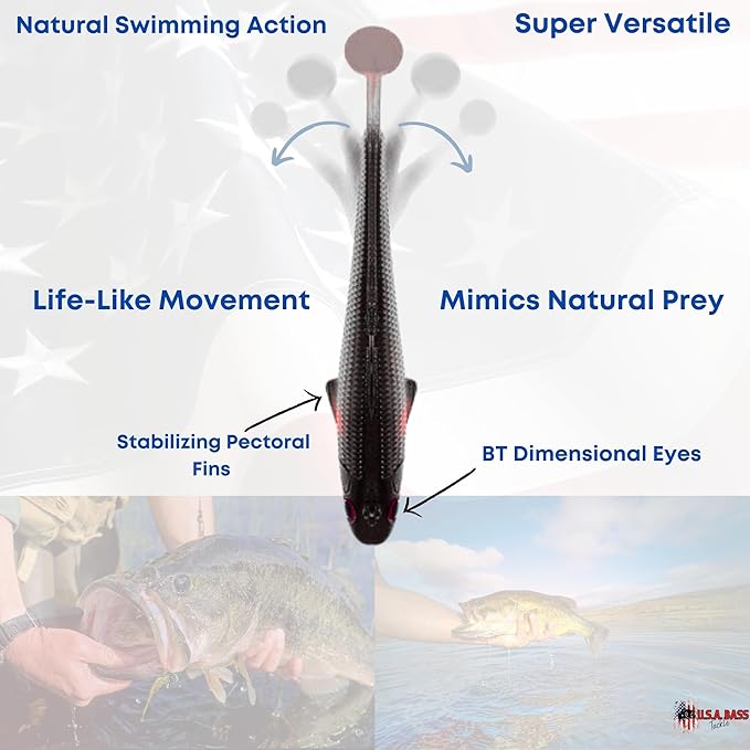 USA Bass Tackle Patriot Shad - Scent Infused Paddle Tail Swimbaits Pre Rigged Fishing Lures Premium Bait Strong Owner Hook, Fishing Gear for Bass Freshwater Predator Fish