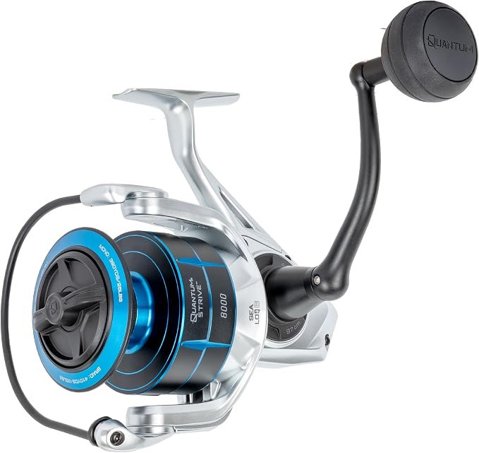 Quantum Strive Spinning Fishing Reel, Rigid Aluminum Frame, Graphite Rotor, Sealed Design, CFX200 Carbon Fiber Xtreme Drag, Silver/Blue