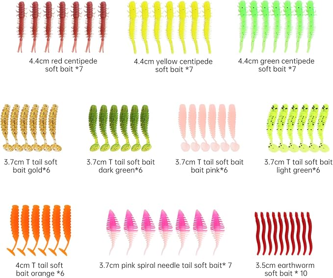 68pcs Fishing Topwater Lures Kits Mixed Artificial Baits Tackle Box, Soft Plastic Fishing Lures Baits Including Soft Worm Centipede for Bass Trout Walleye