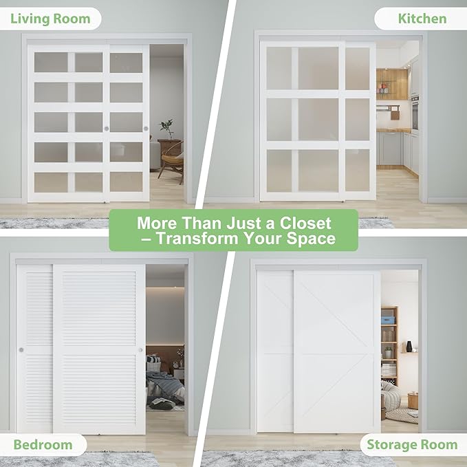 8FT/96(Double 4FT) Bypass Door Hardware, Aluminum Double-Closing Sliding Closet Door Hardware with Finger Pull Included, Smoothly and Quietly, Fit Door Thickness 1 3/8" or 1 3/4", Silver