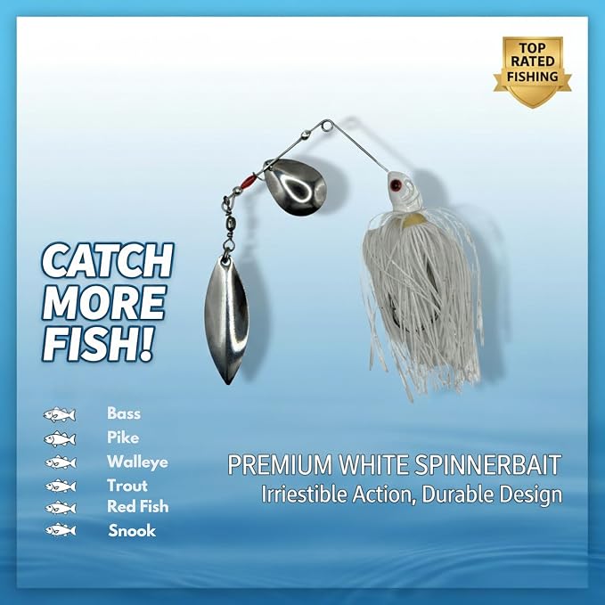 10 - Pack - White Spinner Lure, Fishing Lure, Spinnerbait, Freshwater Fishing - Metal, Plastic