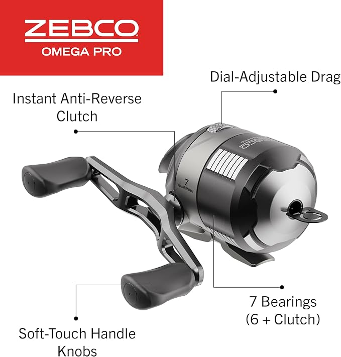 Zebco Omega Pro Spincast Fishing Reel, Dual Ceramic Pick-up Pins, Solid-Brass Pinion Gear, GlideLine ll Line Retrieval System, Pre-Spooled