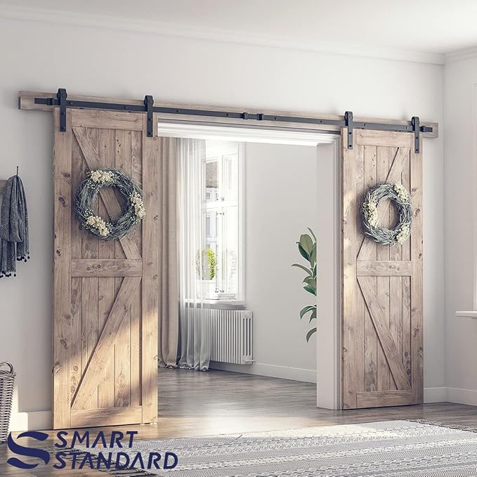 SMARTSTANDARD 11 FT Double Barn Door Hardware Kit, Sliding Door Track-Smoothly and Quietly -Includes Detailed Installation Fit 30"-33" Wide Doorpanel (J Shape Hanger) Black
