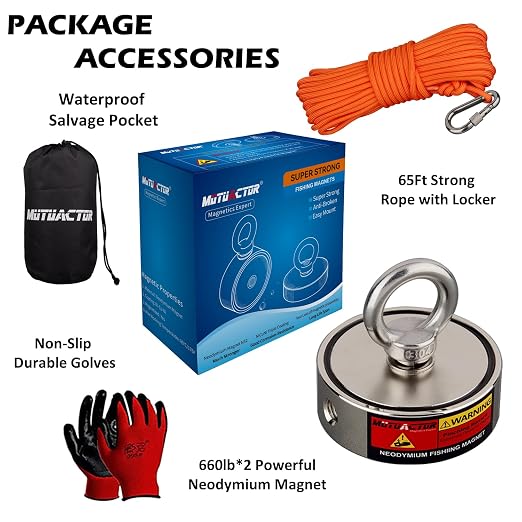 MUTUACTOR Fishing Magnet Kit Heavy Duty, Double Sided 1320lbs Rare Earth Magnets with 65Ft Salvage Rope, Super Strong 2.95”x0.98” Neodymium Magnet Fishing Kit for Retrieving Treasure in River