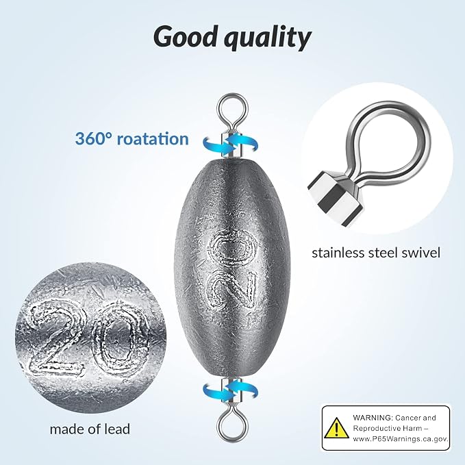 THKFISH Fishing Weights Inline Weights Trolling Sinkers Swivel Weights Quick Set Up Lead Fishing Sinker with Inner Swivel