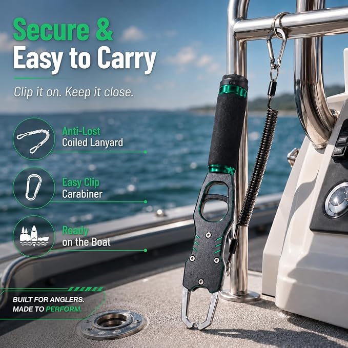 XKCZ 2-in-1 Fish Gripper with Scale, 40lb Fish Lip Gripper, One-Hand Fish Grabber with 360° Swivel, CNC-Machined Aluminum Fishing Gripper Tool with Lanyard for Bass, Saltwater Freshwater Fishing
