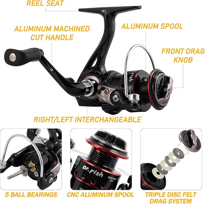 Dr.Fish Ice Fishing Rod and Reel Combo, Ice Fishing Pole Gear Spinning Reel Equipment Set Backpack Chair Jigs Lures Accessories