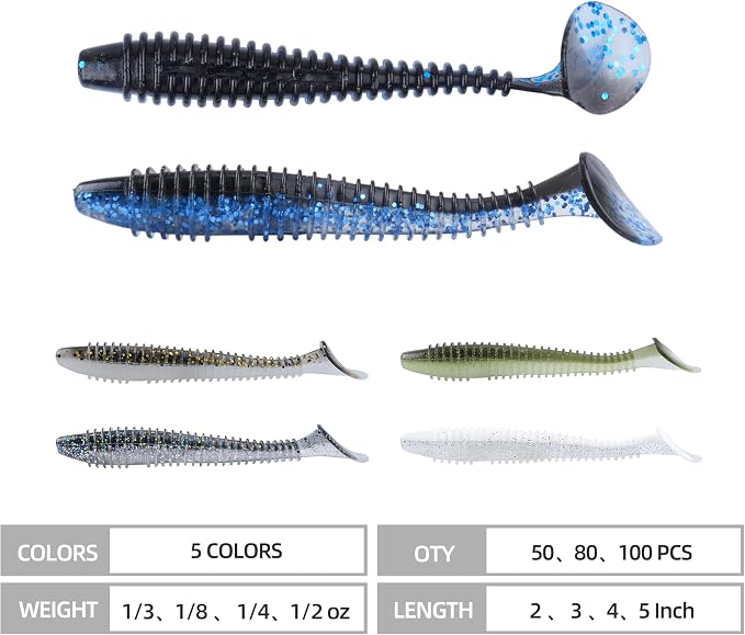 Paddle Tail Swimbaits 100/80/50PCS, 5/4/3/2 inch Soft Fishing Lures Bulk Pack – Durable Lifelike Action Lures for Bass, Trout, Crappie – Freshwater & Saltwater Fishing Gifts