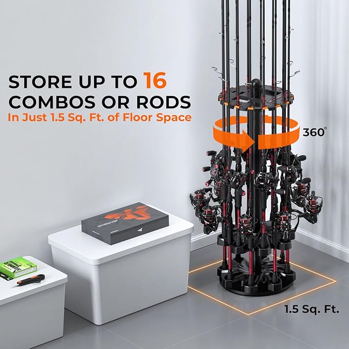 KastKing V16 Rotating Fishing Rod Holder for Garage, Floor Rack Holds Up to 16 Rods & Combos, Space-Saving Pole Organizer with Foam, Durable ABS, Fishing Gear Storage Gift for Men