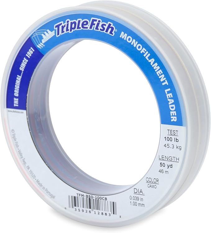 Triple Fish Monofilament Fishing Leader - Clear, Camo Strong Tough Leader Material for Big Game Fishing, Up to 400lb Test