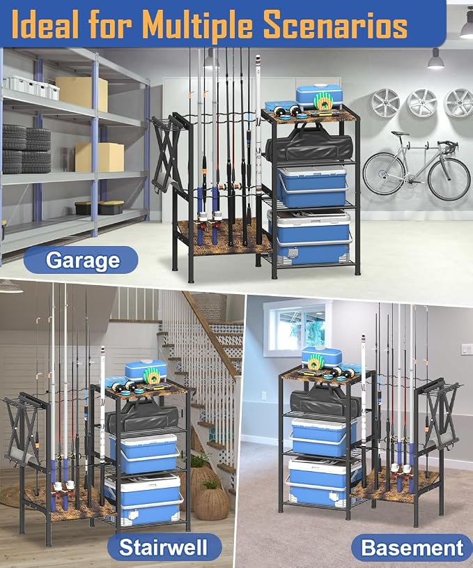 Fishing Rod Holders for Garage, Fishing Pole Holder Stand with Multifunctional Hook, 4 Tier Fishing Gear Equipment Organizers Rack, Fits Most Rods of 1.58" for Home Entryway Corner
