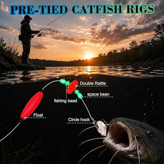 Catfish Rigs with 2oz Pyramid Sinker，High Carbon Circle Hooks 6/0 8/0，3/6pcs Catfish Float Rigswith Adjustable Bottom-lowering Device,Take Down Rigs for Catfish,Complete & Ready-to-Use Kit