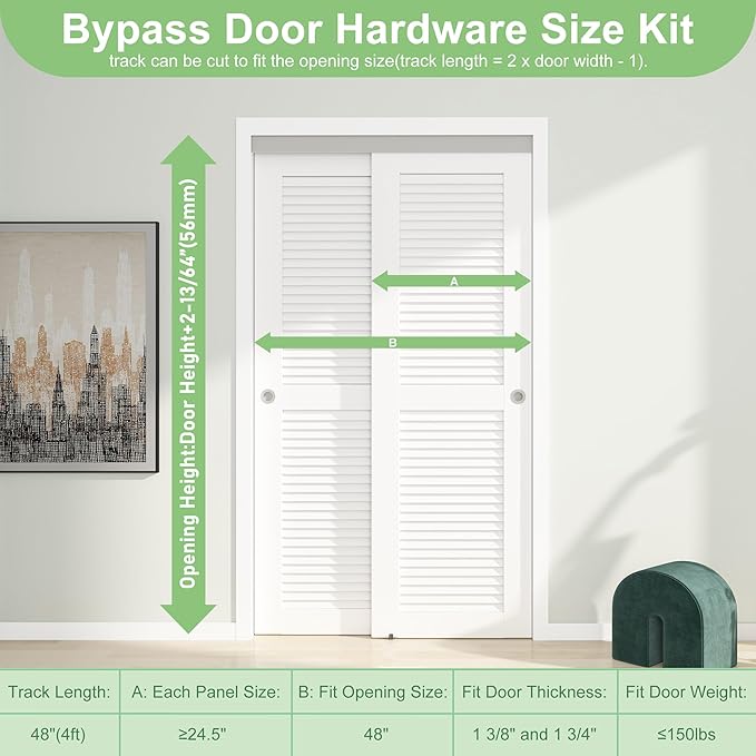 4FT/48" Bypass Door Hardware, Aluminum Double-Closing Sliding Closet Door Hardware with Finger Pull Included, Smoothly and Quietly, Fit Door Thickness 1 3/8" or 1 3/4", Silver