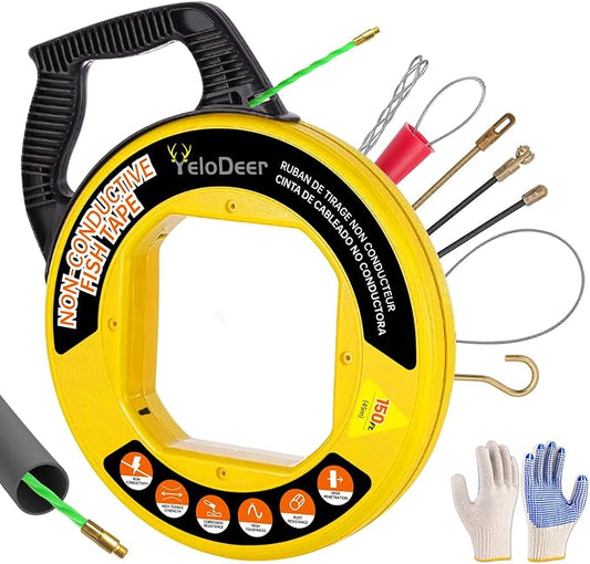 Non-Conductive Fish Tape Wire Puller 150 FT x 4.5 mm with Gloves and 7 Adapters, Flexible PET Wire Fishing Tools for Walls and Electrical Conduit, Rust-Proof
