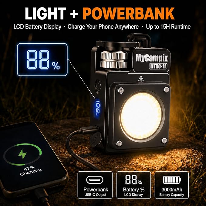 Portable Camping Light, 3500LM Adjustable LED Camping Lantern Rechargeable with 2.5-15H Runtime&Screen, Alloy Waterproof Camp Light for Power Outages, Emergency, Hurricane(Black)
