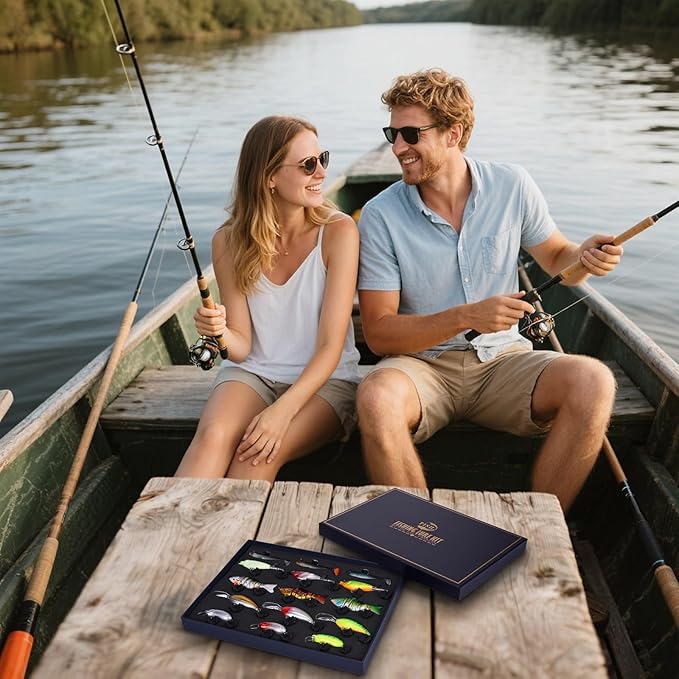 Fishing Lures Kit for Men, 15PCS Bass Fishing Lures Gift Set with Premium Gift Box, Hard & Soft Baits for Bass Trout Pike Salmon, Freshwater & Saltwater Fishing Gear Gifts