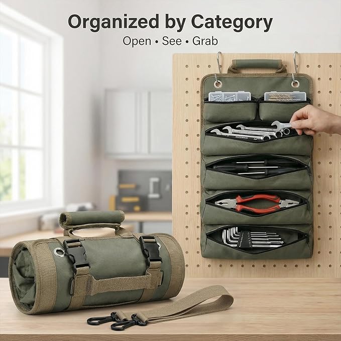 Tool Bag for Hand Tools: 6 Zipper Pockets Keep Tools Sorted - Hang-Open Access on Hooks/Pegboard - Heavy-Duty Garage Organizer for Homeowner DIY Repairs