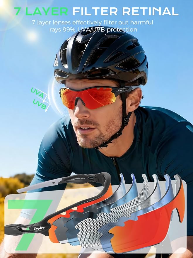 BangLong Polarized Cycling Sunglasses for Men Women, 26g Sports Sunglasses with 5 Lenses for Running Fishing Baseball Driving