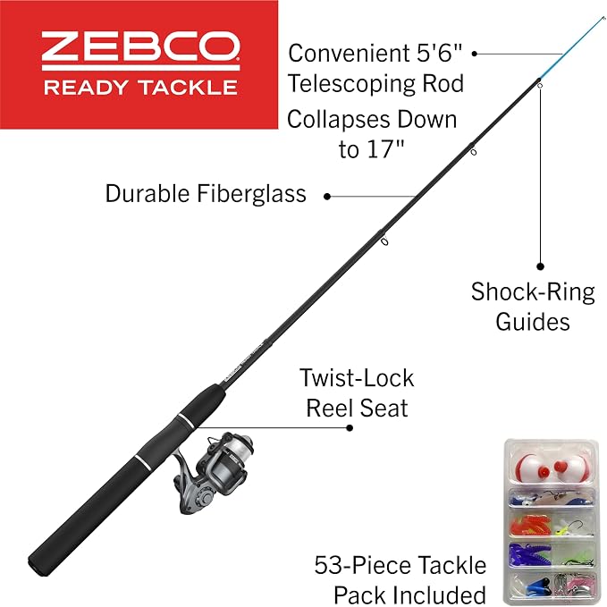 Zebco Ready Tackle Spinning Reel and Fishing Rod Combo, Includes Tackle Kit