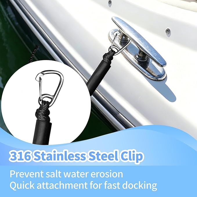 Bungee Dock Line with Stainless Steel Clip Boat Rope Mooring String with Foam Float for Docking,Kayak,Watercraft,SeaDoo,Pontoon,Canoe,Power Boat Accessory,7-10ft（Black,with One Hook）