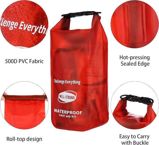 Boat First Aid Kit Waterproof, WELL-STRONG Marine Emergency Kit with Roll Top Dry Bag for Boating Fishing Kayaking – Water-Resistant Contents for Camping & Beach（Transparent Red）