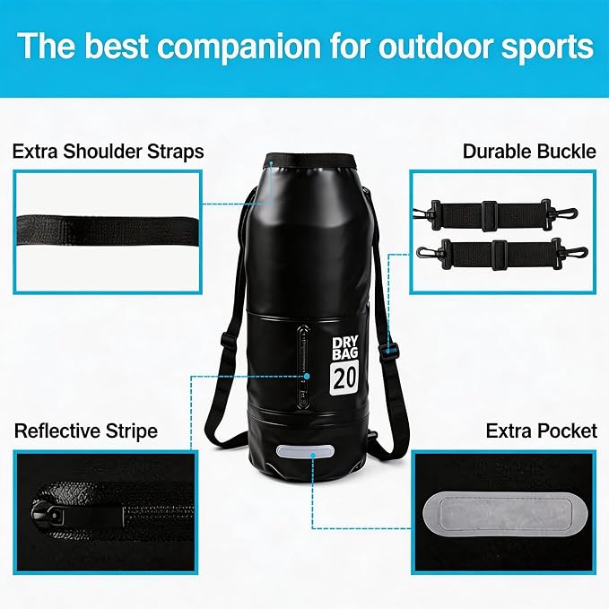 20L Waterproof Dry Bag - Floating Heavy Duty PVC Dry Sack - for Boating, Fishing & Beach - Backpack Style Waterproof Bag for Men & Women