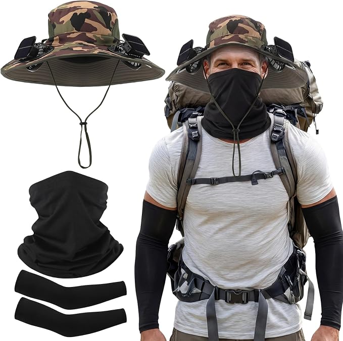 Syhood Solar Powered Fan Hat Neck Gaiter Arm Sleeves Sun Bucket Hat with Fan Cooling Wide Brim Hats for Fishing Hiking