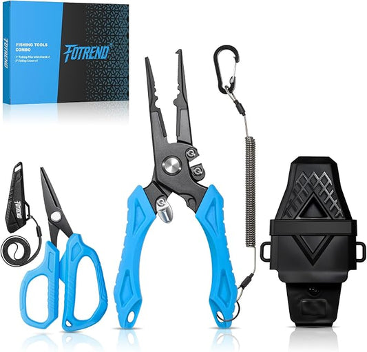 Fishing Tool Kit, Fishing Gear - Fishing Plier with Sheath, Fillet Knife, Fishing Scissors, Fish Lip Gripper, Tool Retractor, Keychain Bottle Opener, Fishing Gifts for Men