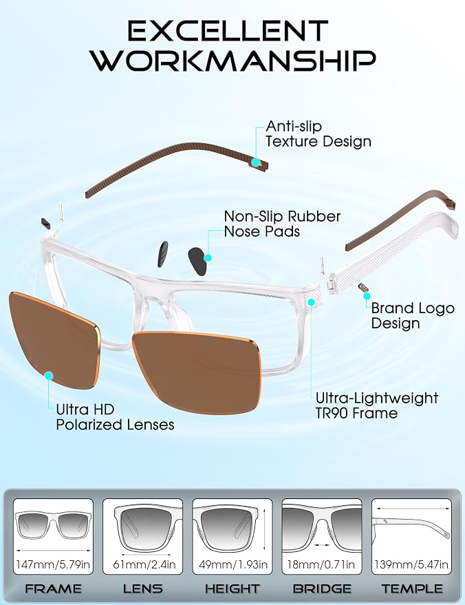 ATTCL Square Polarized Sunglasses for Men: Ultra-Light TR90 Frame UV400 Protection Sun Glasses for Fishing Driving