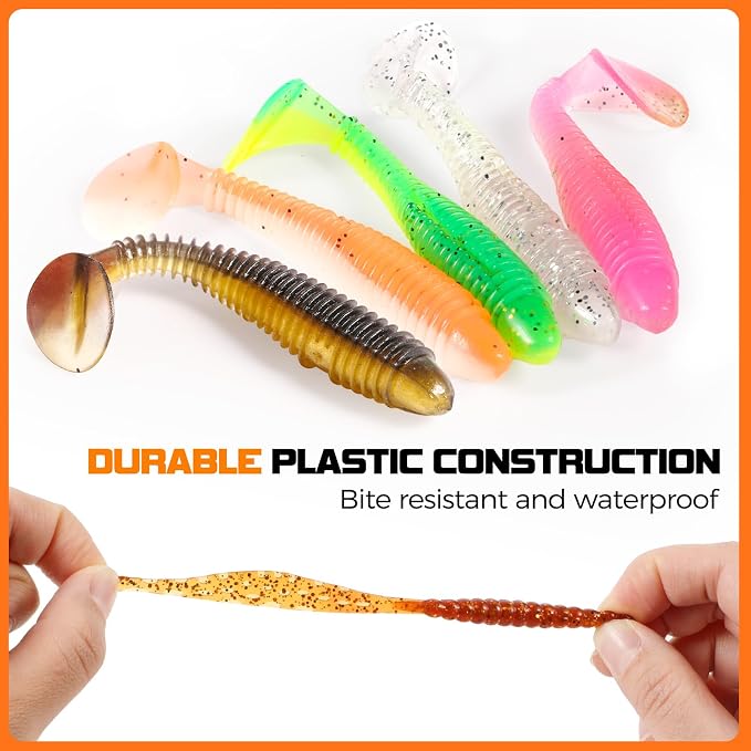 PLUSINNO Fishing Lures, 108PCS Tackle Box with Tackle Included Paddle Tail Swimbaits, Soft Worm Lures, Crappie Jigs Heads, Fishing Gear Bait Lure Kit Gifts for Men Trout Bass Freshwater