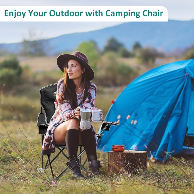 Outdoor Folding Camping Chair with Cup Holder, Storage Bag, Large Anti-Sink Feet, 400lbs Capacity, 2 Pack Breathable Mesh Portable Chair for Camping, Beach, Fishing, Sports, Black 2Pack