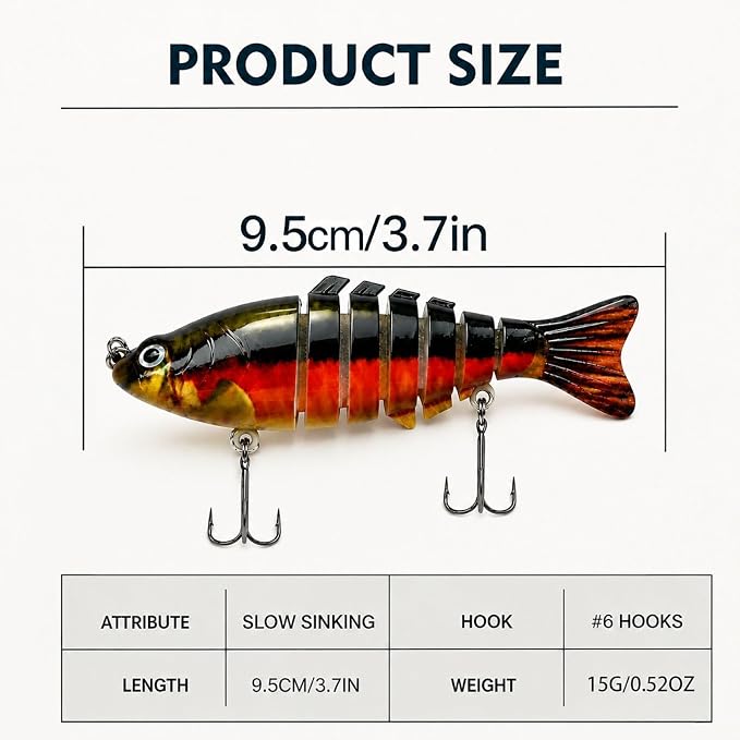 Multi Jointed Swimbait Hard Lure, 3.7in Slow Sinking Fishing Lures with Realistic S-Shaped Swimming Action, Built-in Gravity Transfer System & #6 Treble Hooks for Bass, Trout, Pike, Topwater Lure