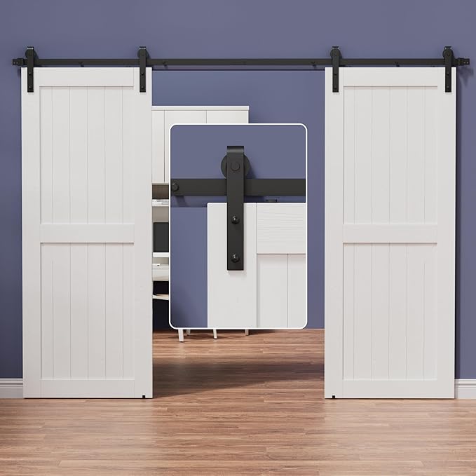 ZEKOO 12 FT Barn Door Hardware Kit for Cabinet Closet, Sliding Door Hardware for Double Barn Door, Heavy Duty Black Barn Door Track with Steel Hanger, Slide Smoothly Quietly, Easy Install