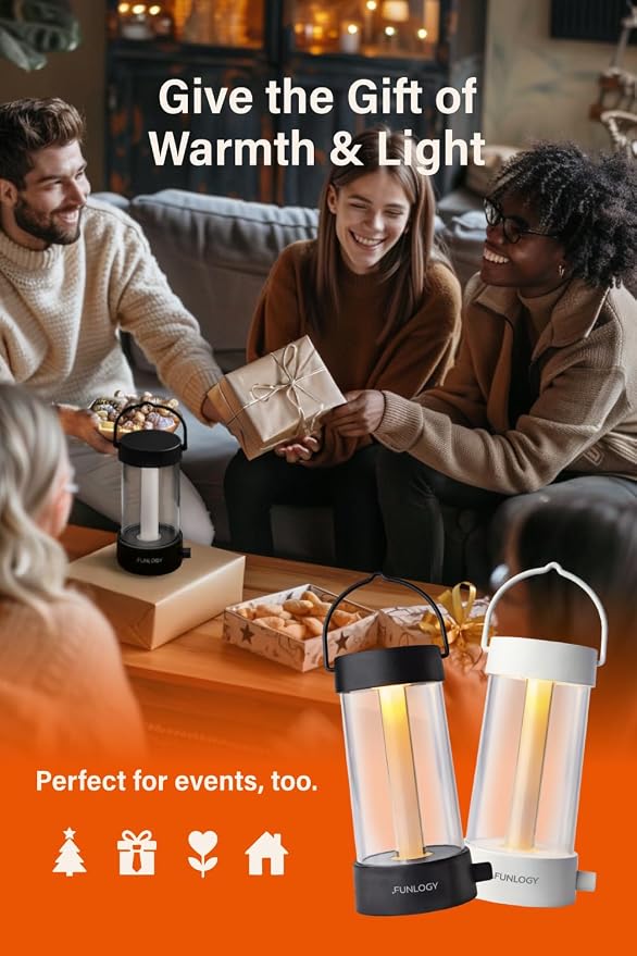 FUNLOGY Lantern - Rechargeable LED Camping Lantern, Vintage 360° Dimmable Light , 4000mAh Power Bank, High CRI 95, IPX4 Water-Resistant, Portable for Home, Emergency, Outdoor, Black