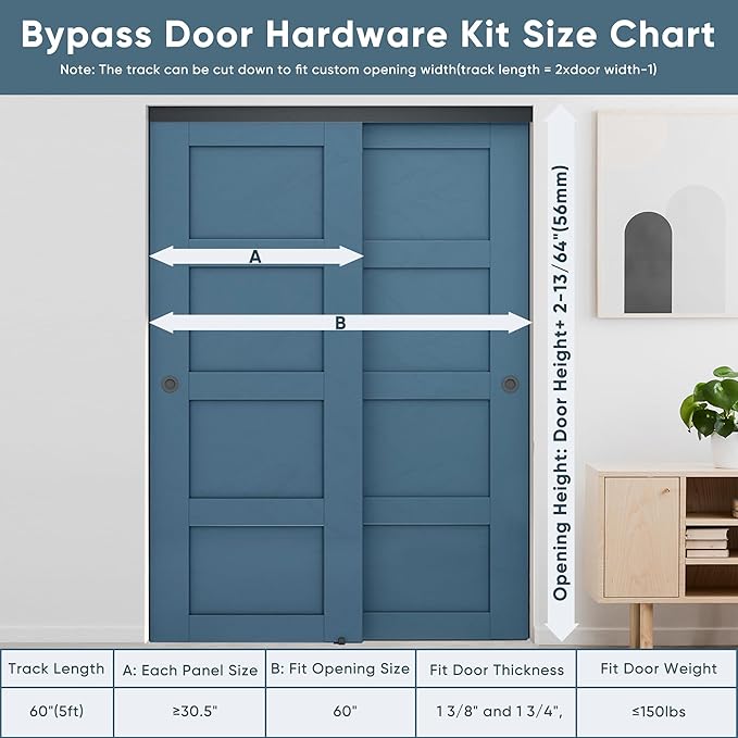JUBEST 5FT Heavy Duty Bypass Door Hardware with Finger Pulls,Sturdy Aluminum Sliding Closet Door Track for 2 door System,Quietly and Smoothly,Fit Door Thickness 1 3/8" or 1 3/4",Easy to Install, Black