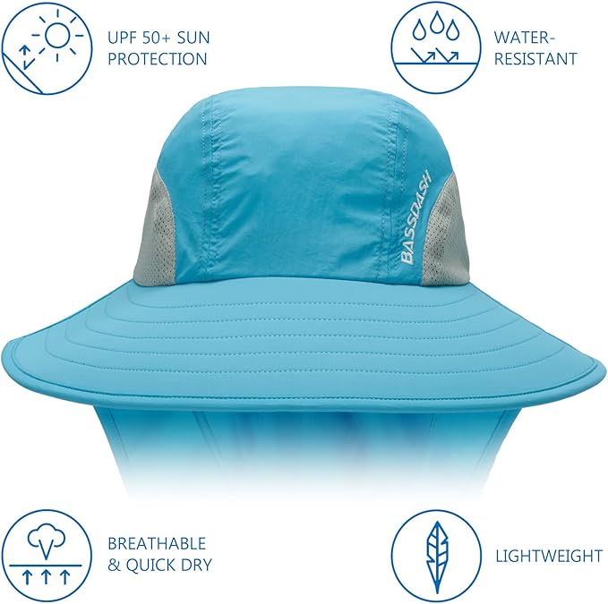 BASSDASH UPF 50+ Unisex Water Resistant Wide Brim Sun Hat with Large Neck Flap Ponytail Fishing Hat for Men Women