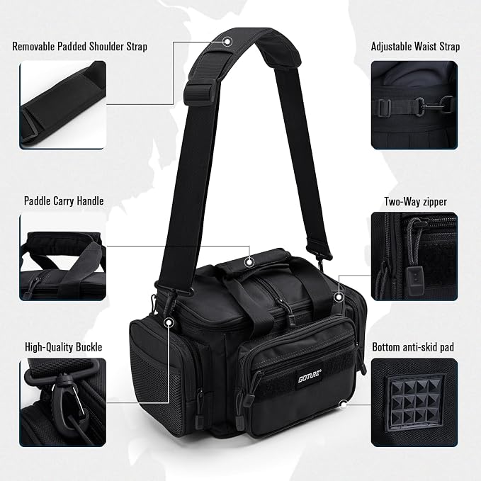 Goture Fishing Tackle Bag, 600D Water-Resistant Soft Side Crossbody Sling Bag for Men & Women,Small Gear Storage Tactical Bags for Saltwater & Freshwater,Fits 4 3600 Tackle Boxes (Not Included)