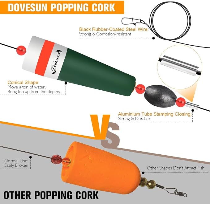 Dovesun Popping Cork Float Rig Weighted Fishing Bobbers Floats Fishing Corks Popping Corks for Saltwater Freshwater Fishing Tackle with 3 Size