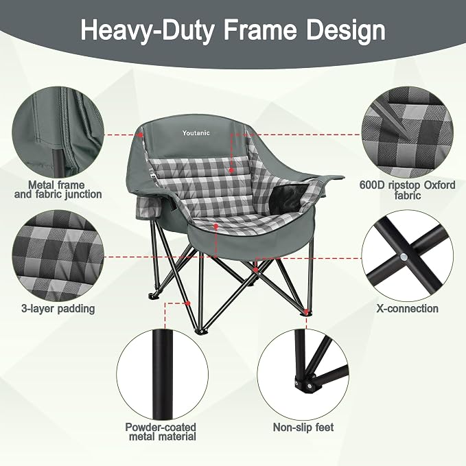 Youtanic Oversized Extra Large Padded Camping Chair, Heavy Duty 400 lbs Foldable Lawn Chair, Ergonomic Outdoor Seat with Plaid Design, Cup Holders & Storage Pockets for Fishing, Sports, Gray