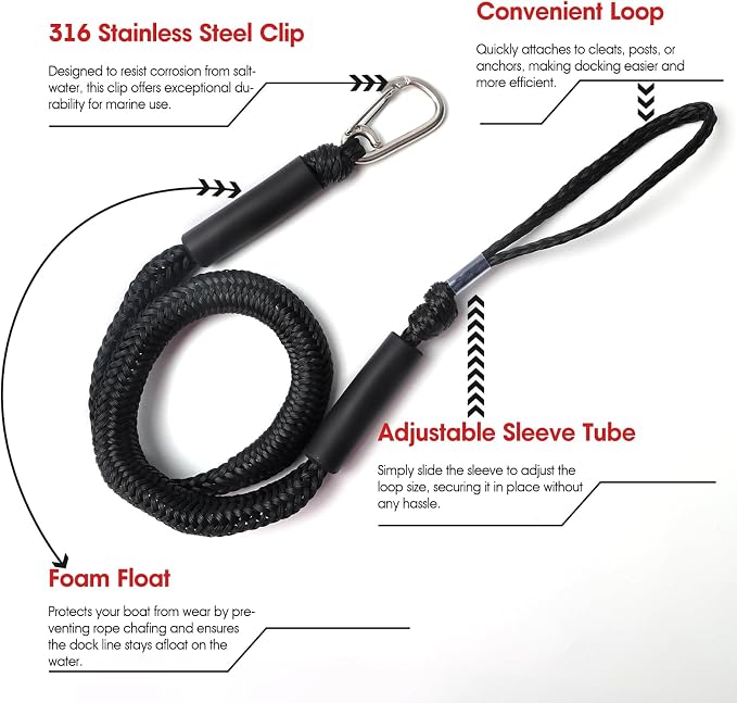 4 Feet Bungee Dock Line with Stainless Steel Clip & Foam Float 2pcs, Mooring Rope for Docking with Built-in Snubber, Ideal Boat Accessories for PWC, Jet Ski, SeaDoo, Kayak, Pontoon, Canoe